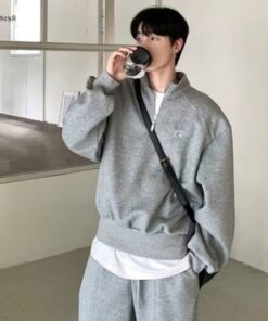Áo Sweater Cổ Lọ Vải Nỉ 2 Da Có Khoá Cổ Form Rộng Nam Phong Cách Hàn Quốc Năng Động