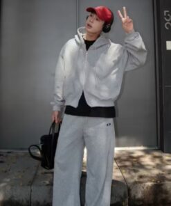 Hoodie Zip Form Boxy Nỉ 2 Da Khóa 2 Đầu Chống Nắng Nam Phong Cách Hàn Quốc Xám
